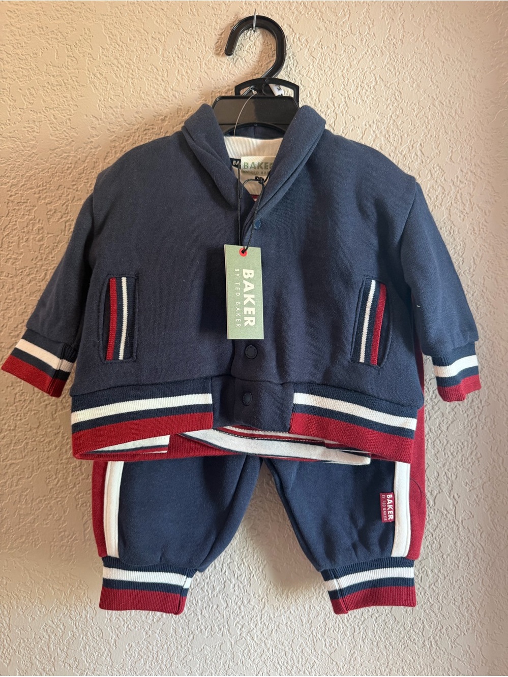 Baker by Ted Baker Navy Baby Hoodie & Jogger Set with Red and White Stripes